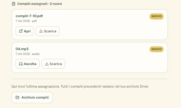 Assigned homework showing a new PDF document with open and download controls, a new audio file with listen and download controls, and a homework archive link