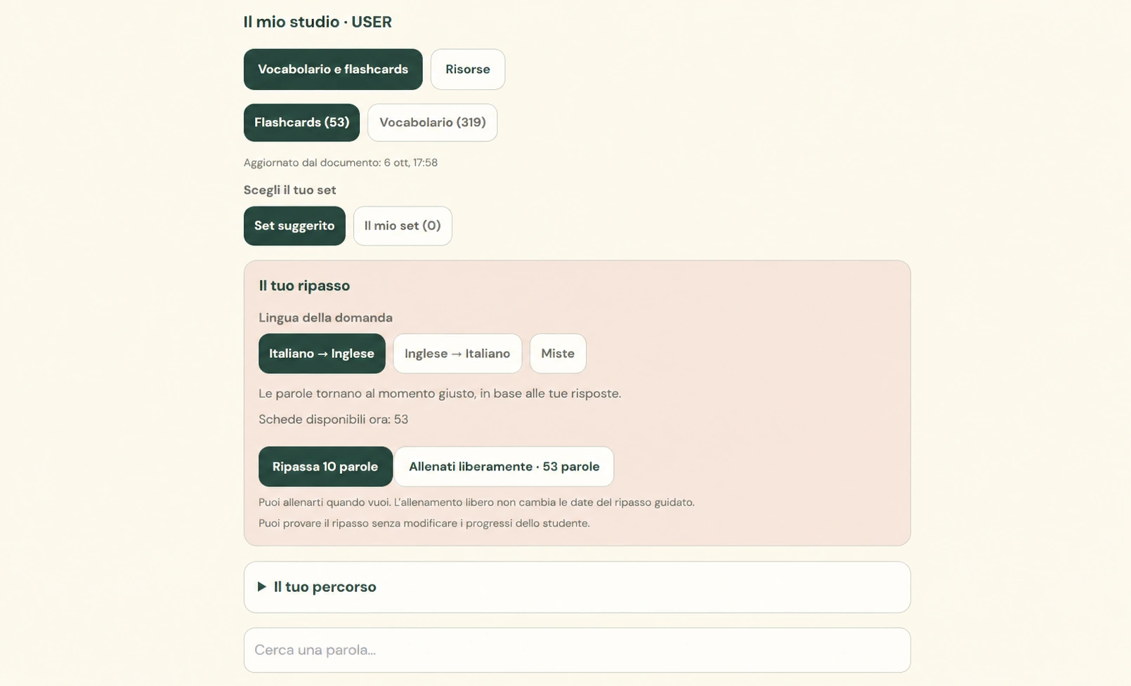 USER’s flashcard settings with a suggested set, a personal set, question language direction, guided review and free practice