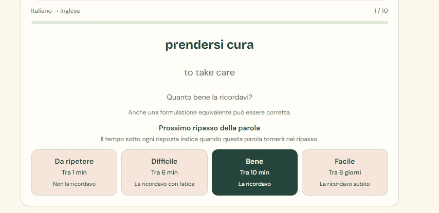 A flashcard for prendersi cura with its translation and four recall ratings showing when the next review will happen