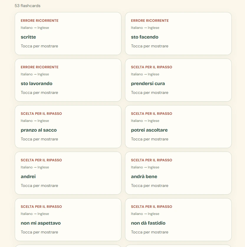 Personal flashcards highlighting recurring errors and expressions selected for review, including sto facendo and prendersi cura