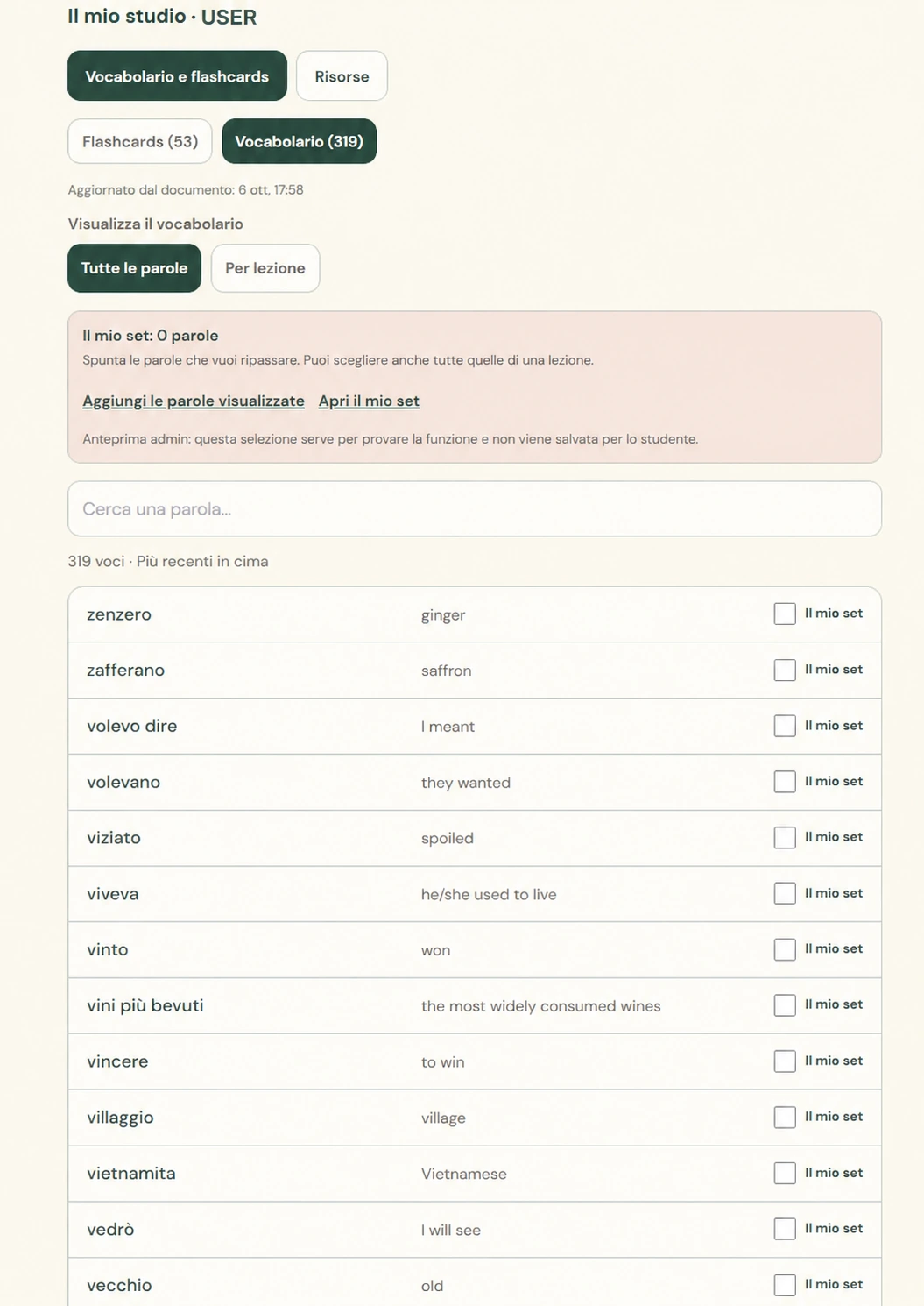 USER’s full Italian vocabulary with translations, a search field, a lesson filter and checkboxes for creating a personal flashcard set